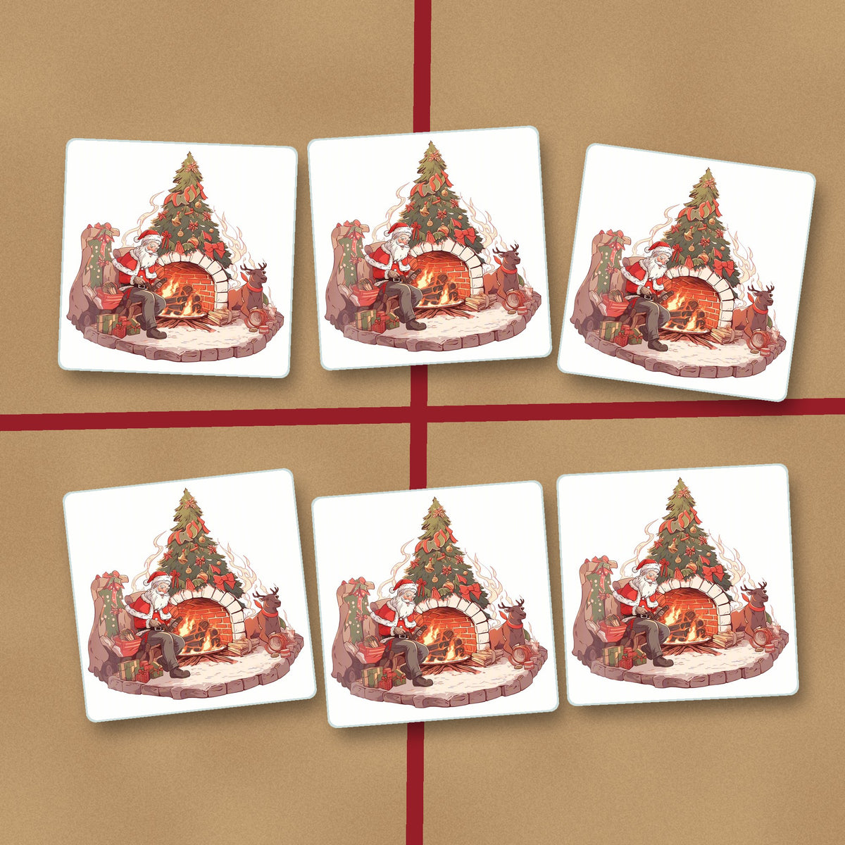Father Christmas & Reindeer at the Fire square glass coasters on kraft gift wrap
