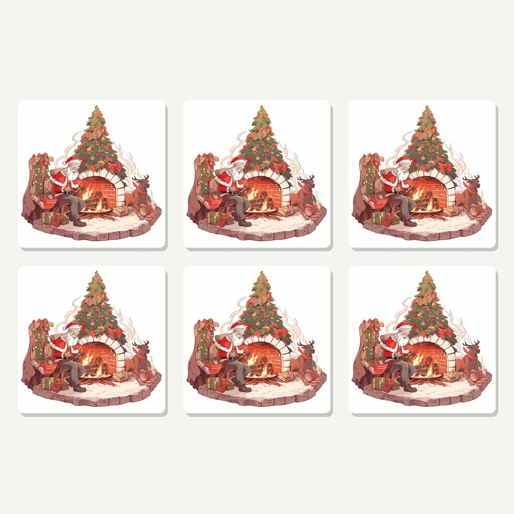 Flat lay of the father christmas & reindeer at the fire artwork on six square coasters