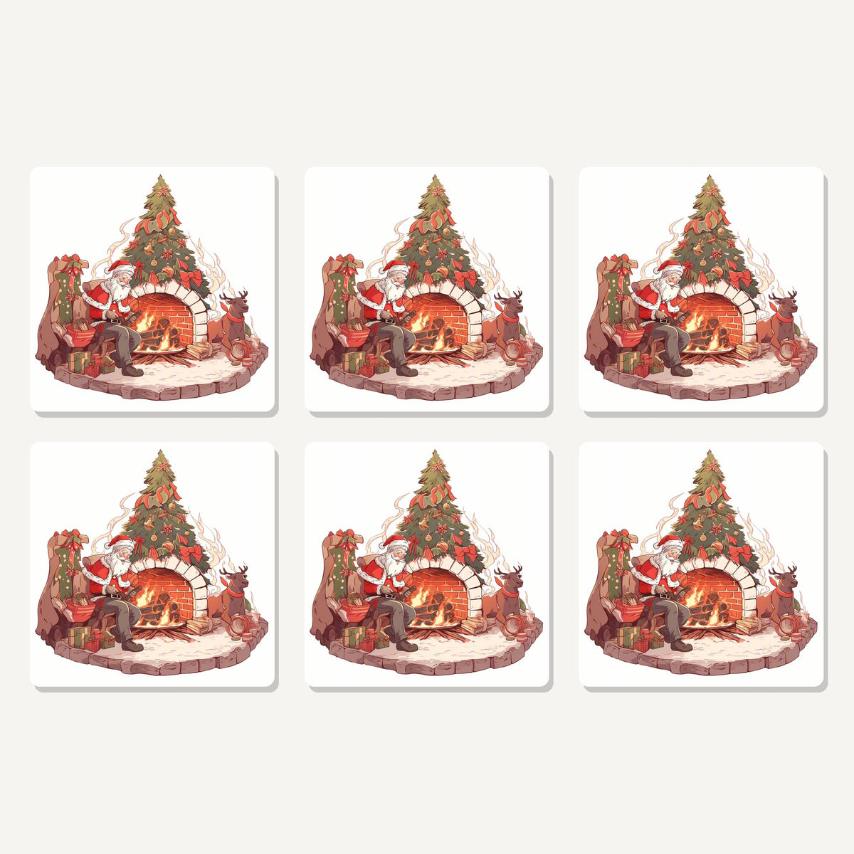 Flat lay of the father christmas & reindeer at the fire artwork on six square coasters