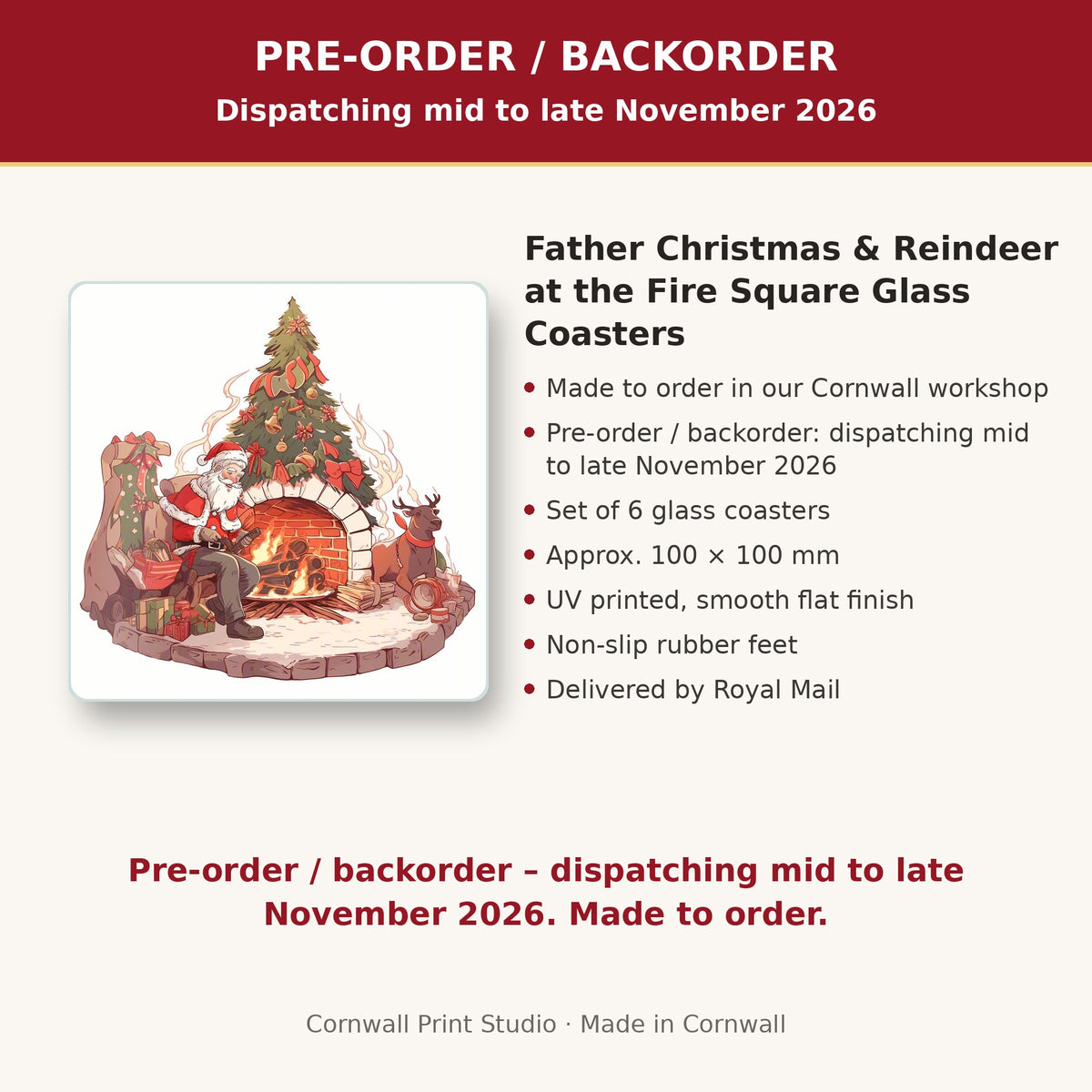 Info card: Father Christmas & Reindeer at the Fire Square Glass Coasters – Set of 6, made to order, dispatching mid to late November 2026, delivered by Royal Mail