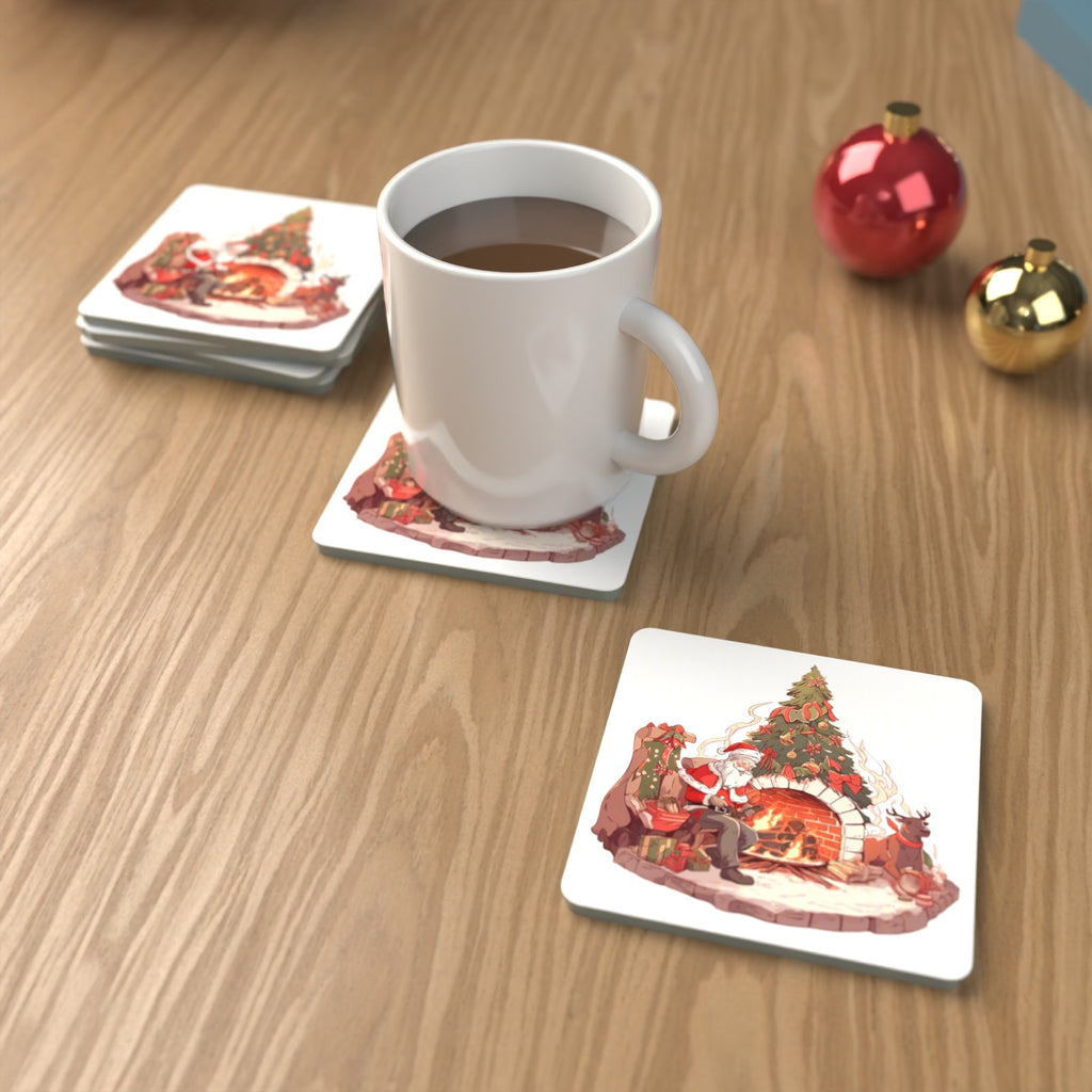 Father Christmas & Reindeer at the Fire Square Glass Coasters – Set of 6 – lifestyle mockup with a mug of coffee