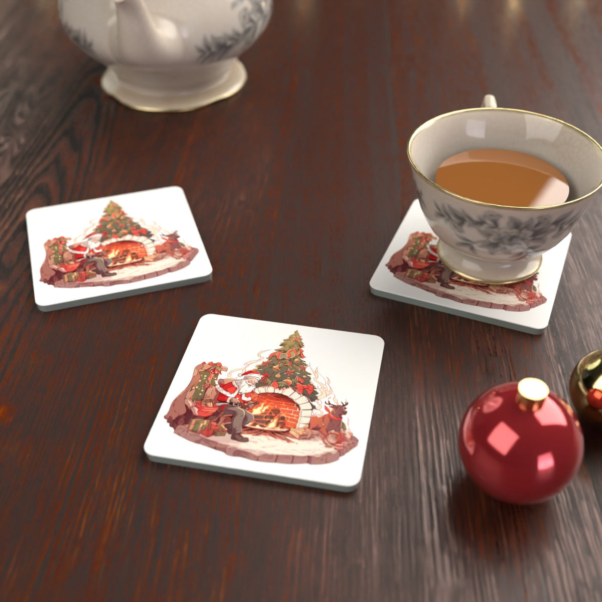 Father Christmas & Reindeer at the Fire Square Glass Coasters – Set of 6 – lifestyle mockup with a teacup