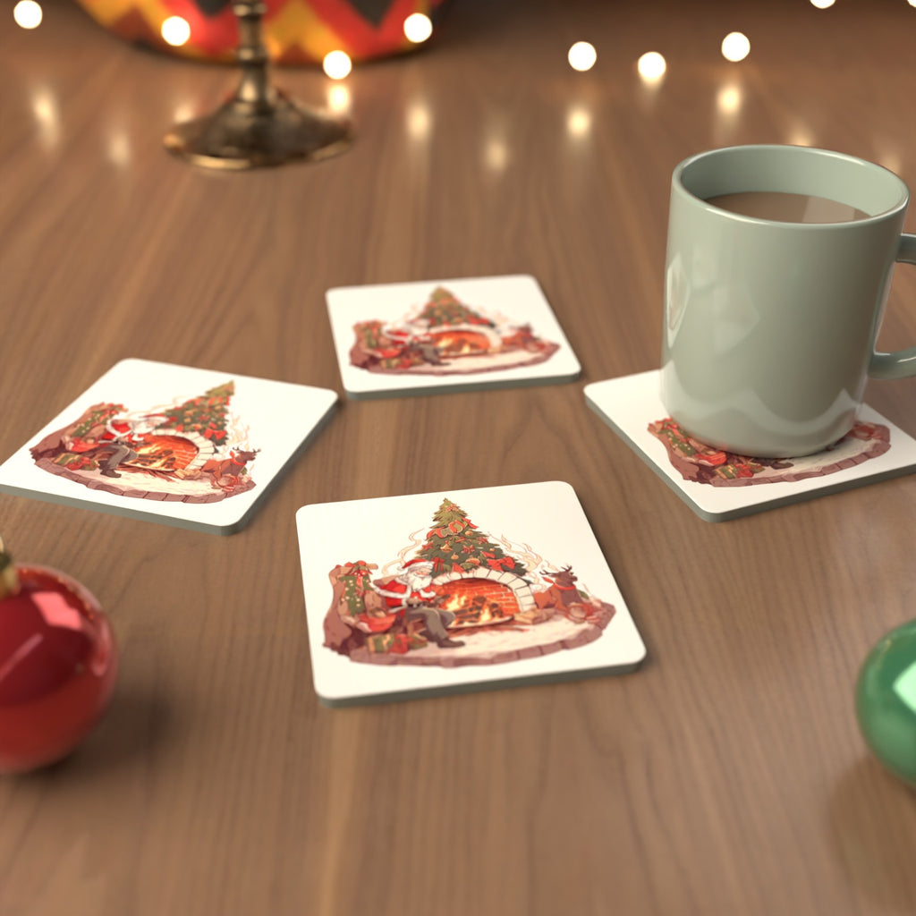 Father Christmas & Reindeer at the Fire Square Glass Coasters – Set of 6 – cosy lifestyle mockup