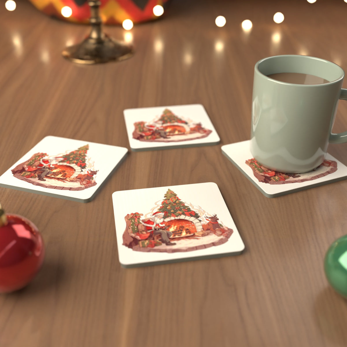 Father Christmas & Reindeer at the Fire Square Glass Coasters – Set of 6 – cosy lifestyle mockup