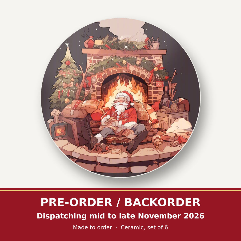Father Christmas Fireside Rest round ceramic coaster set of 6 – pre-order / backorder, dispatching mid to late November 2026