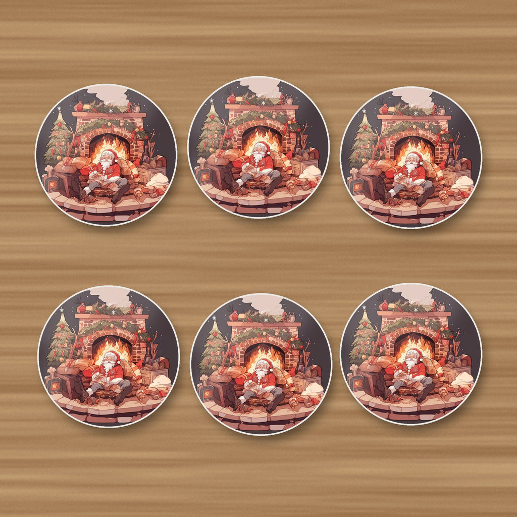 Father Christmas Fireside Rest round ceramic coasters, set of 6, on an oak coffee table