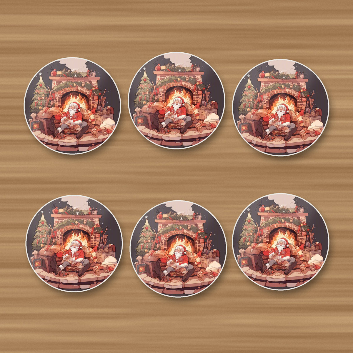 Father Christmas Fireside Rest round ceramic coasters, set of 6, on an oak coffee table