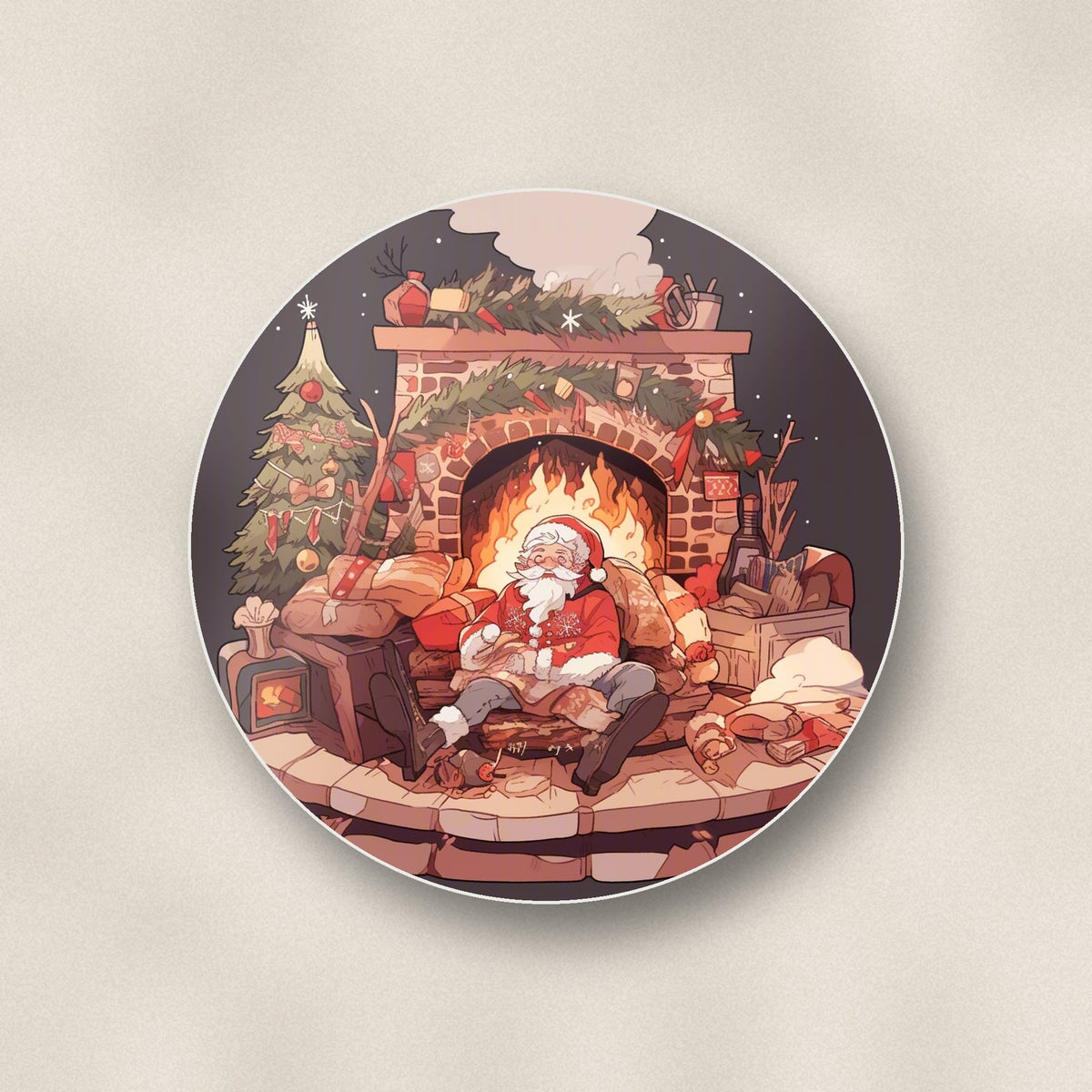 Close-up of one father christmas fireside rest round ceramic coaster, flat UV print
