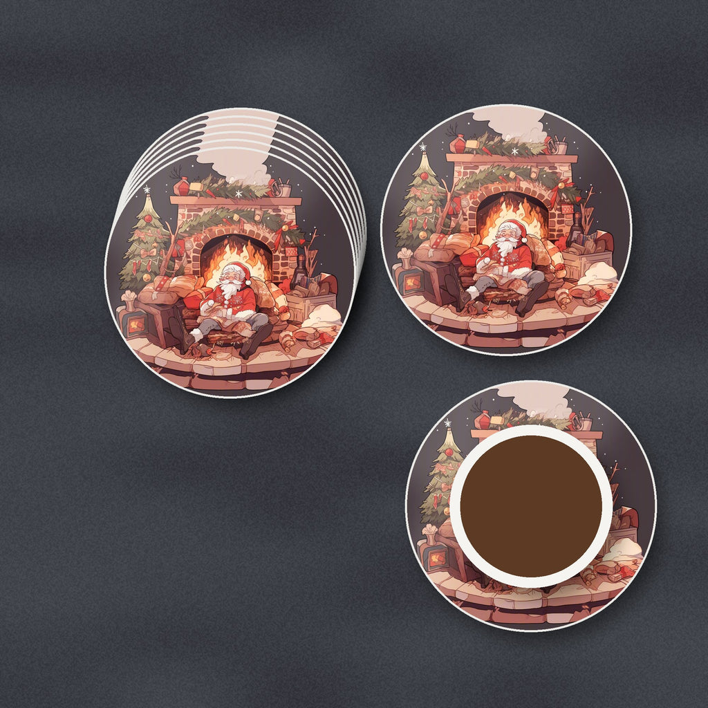 Father Christmas Fireside Rest round ceramic coasters stacked on a slate kitchen worktop