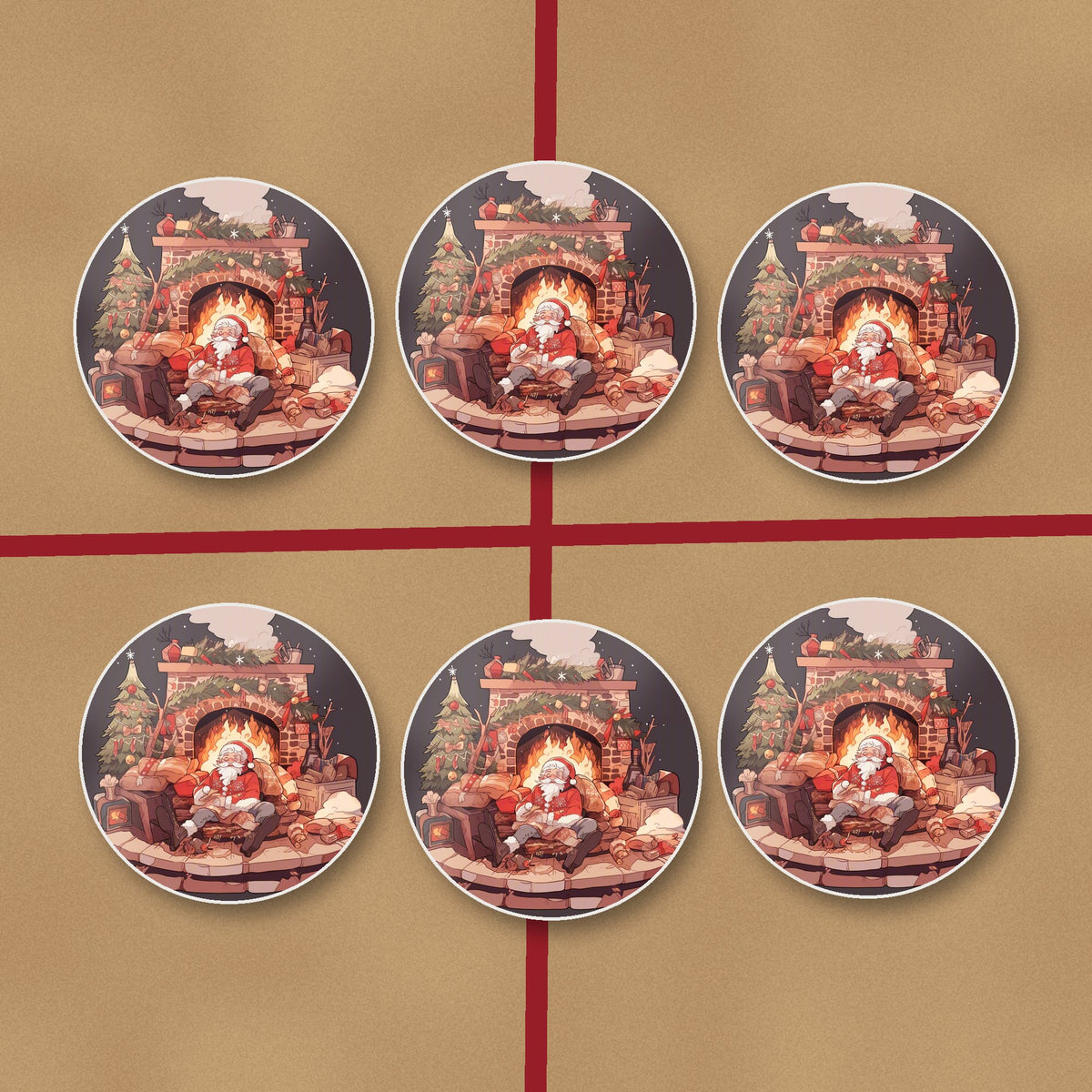 Father Christmas Fireside Rest round ceramic coasters on kraft gift wrap