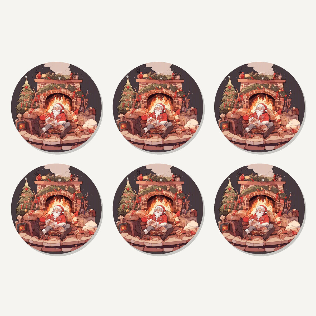 Flat lay of the father christmas fireside rest artwork on six round coasters
