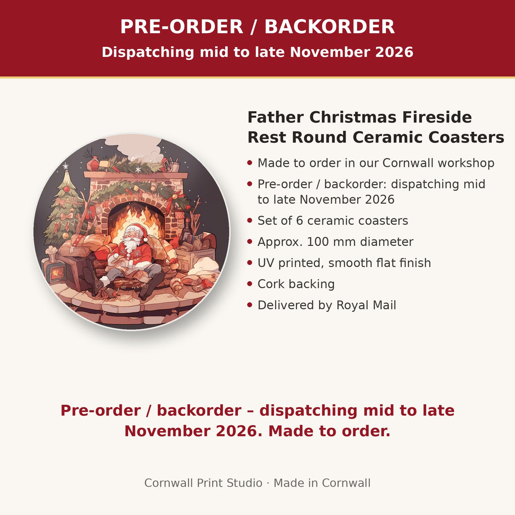 Info card: Father Christmas Fireside Rest Round Ceramic Coasters – Set of 6, made to order, dispatching mid to late November 2026, delivered by Royal Mail