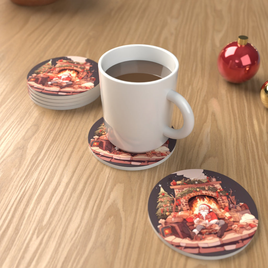 Father Christmas Fireside Rest Round Ceramic Coasters – Set of 6 – lifestyle mockup with a mug of coffee