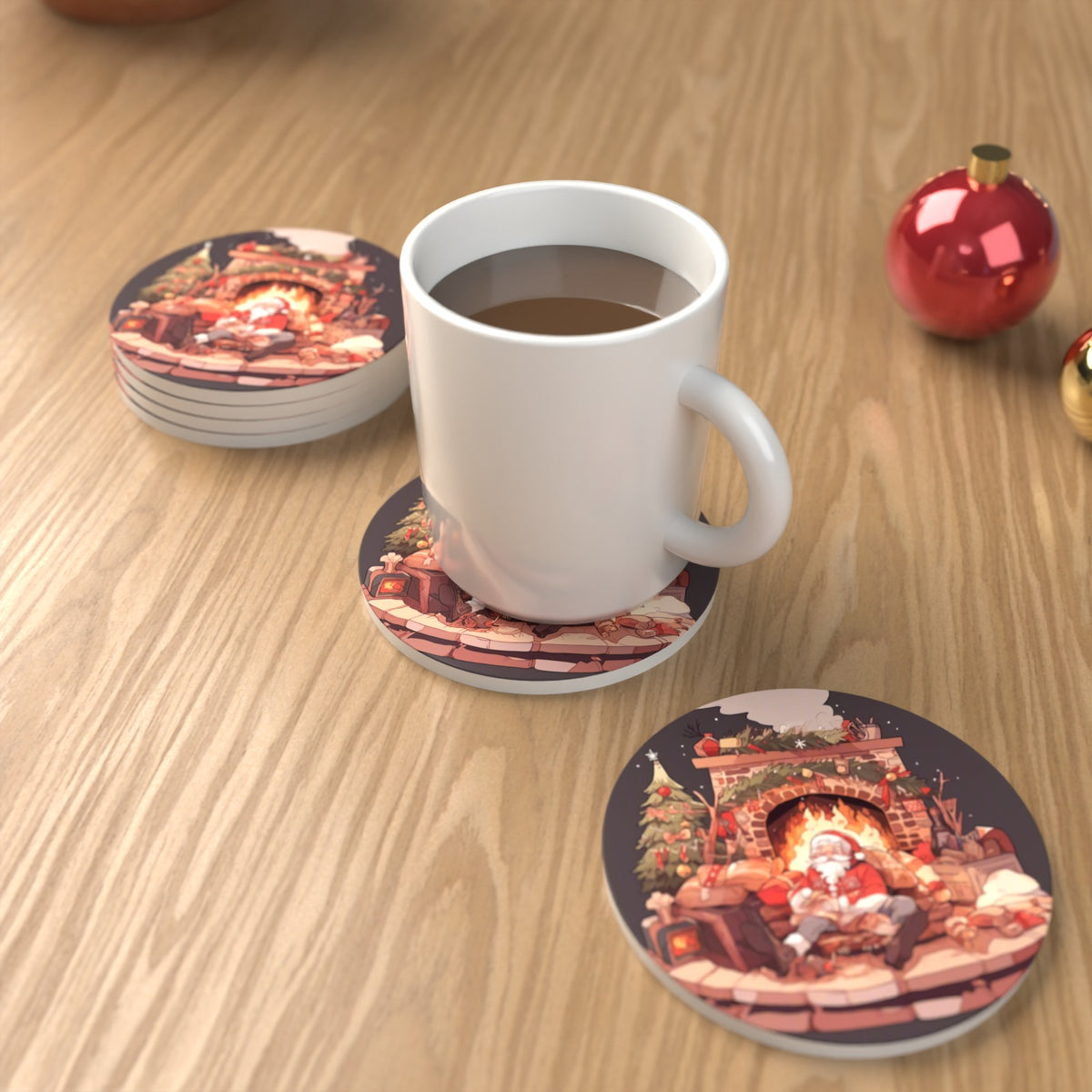Father Christmas Fireside Rest Round Ceramic Coasters – Set of 6 – lifestyle mockup with a mug of coffee