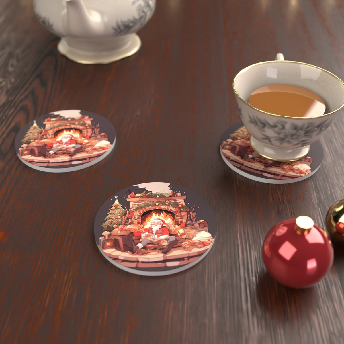 Father Christmas Fireside Rest Round Ceramic Coasters – Set of 6 – lifestyle mockup with a teacup