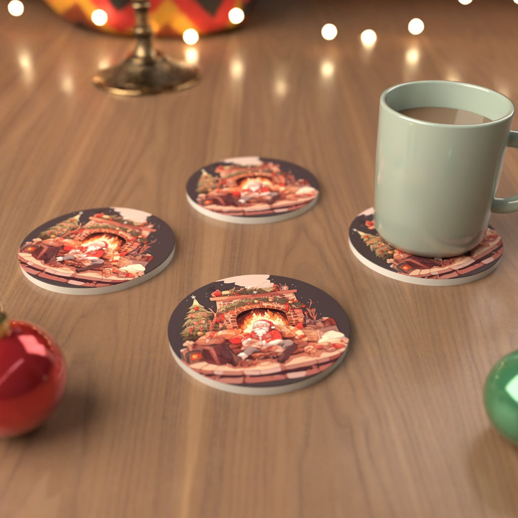 Father Christmas Fireside Rest Round Ceramic Coasters – Set of 6 – cosy lifestyle mockup