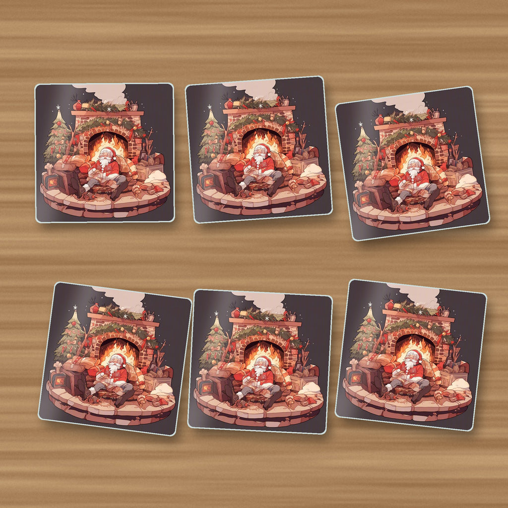 Father Christmas Fireside Rest square glass coasters, set of 6, on an oak coffee table