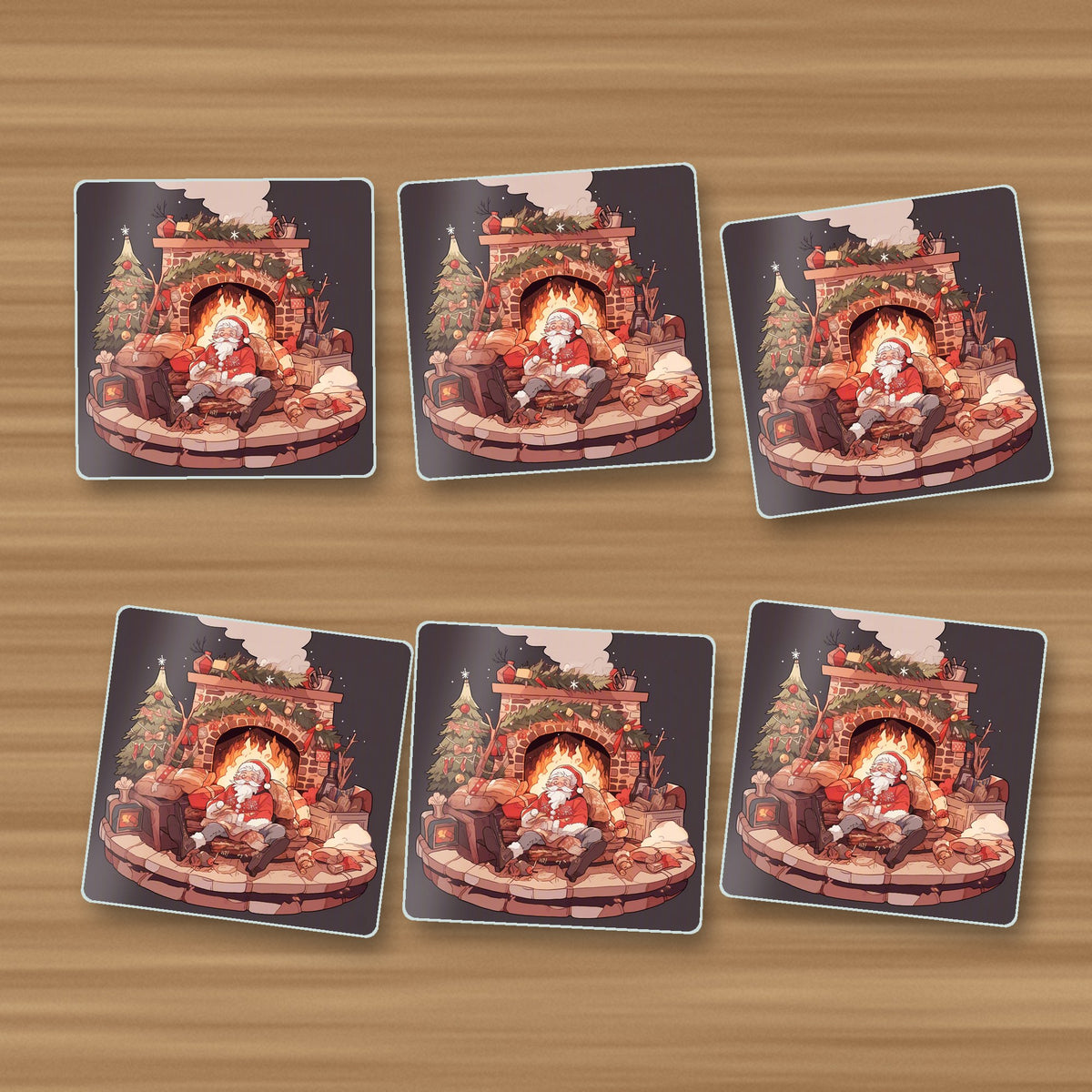 Father Christmas Fireside Rest square glass coasters, set of 6, on an oak coffee table