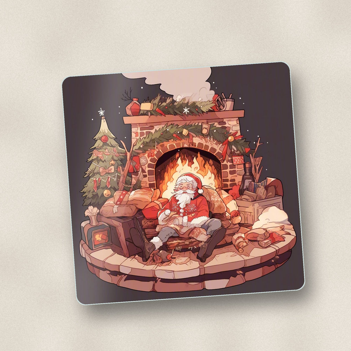 Close-up of one father christmas fireside rest square glass coaster, flat UV print
