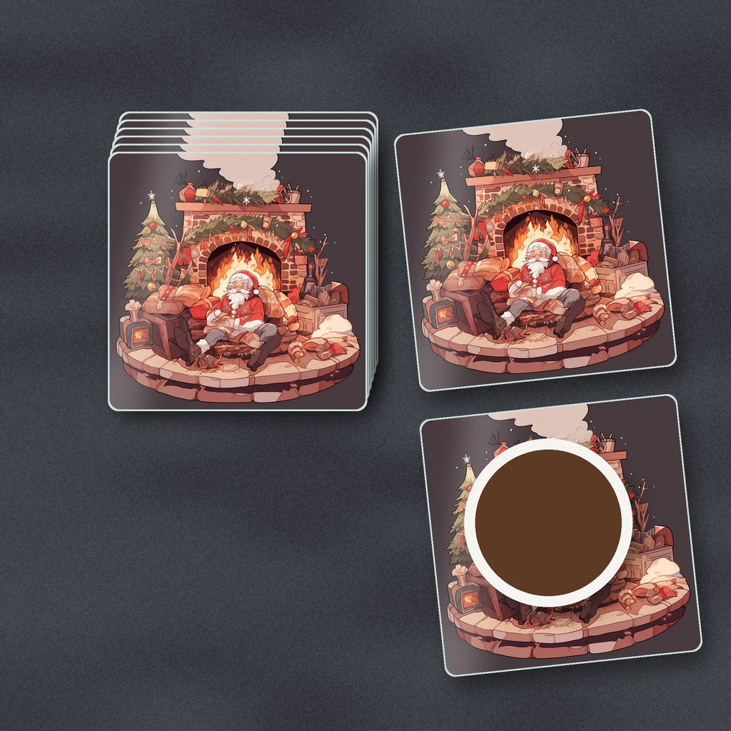 Father Christmas Fireside Rest square glass coasters stacked on a slate kitchen worktop
