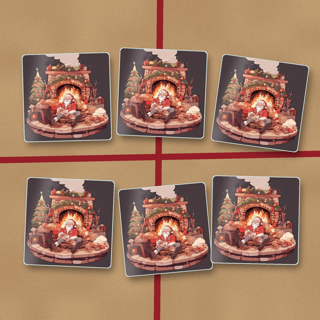 Father Christmas Fireside Rest square glass coasters on kraft gift wrap