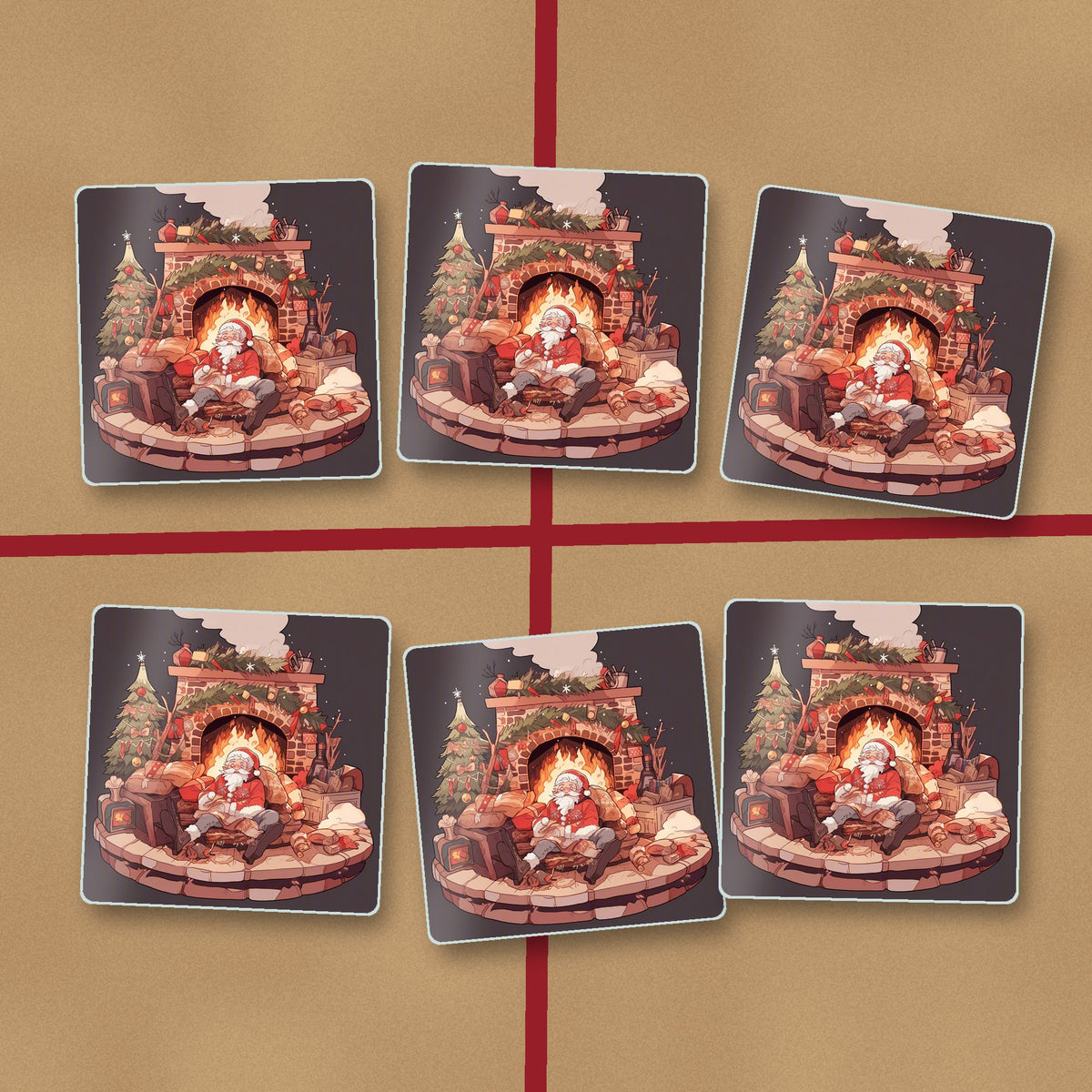 Father Christmas Fireside Rest square glass coasters on kraft gift wrap