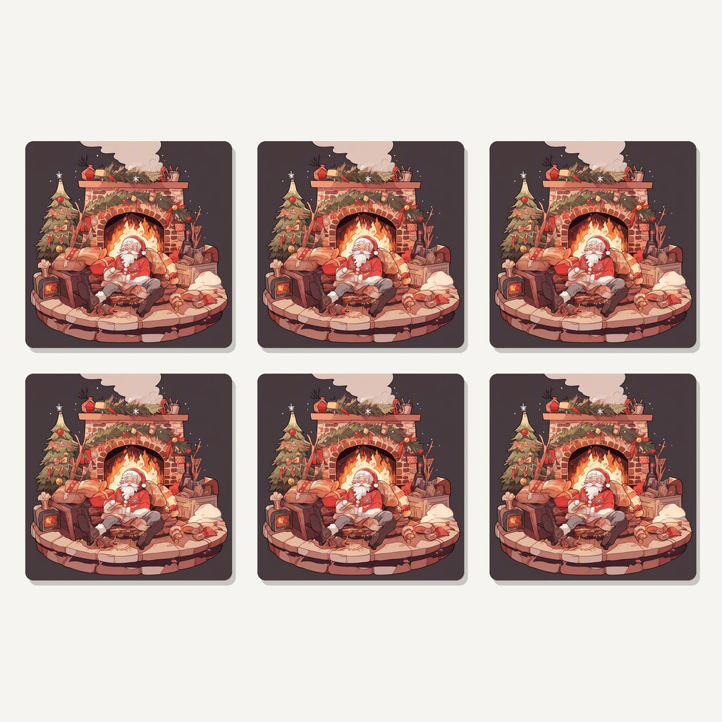 Flat lay of the father christmas fireside rest artwork on six square coasters