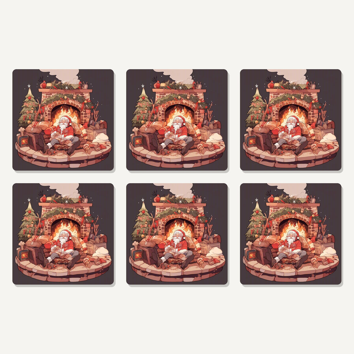 Flat lay of the father christmas fireside rest artwork on six square coasters