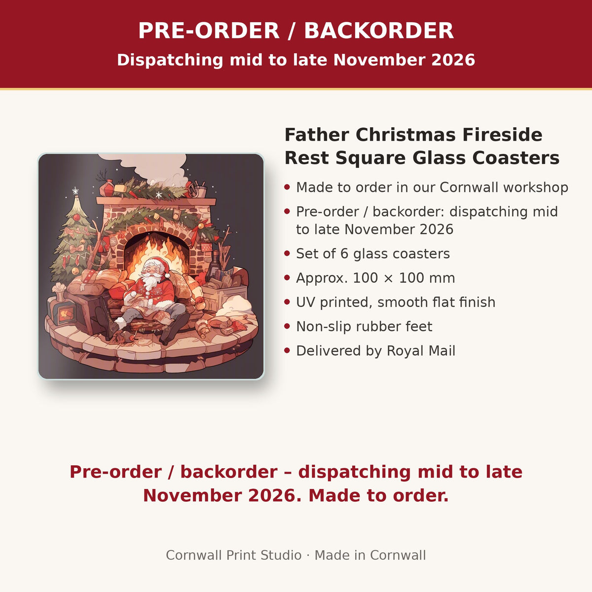 Info card: Father Christmas Fireside Rest Square Glass Coasters – Set of 6, made to order, dispatching mid to late November 2026, delivered by Royal Mail