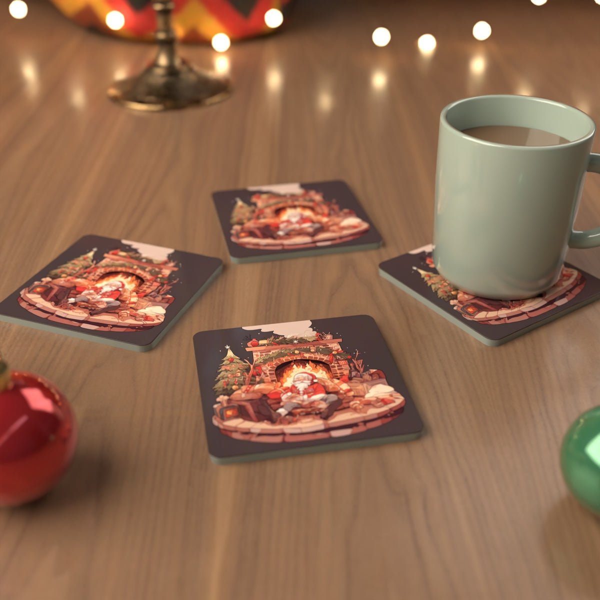 Father Christmas Fireside Rest Square Glass Coasters – Set of 6 – cosy lifestyle mockup