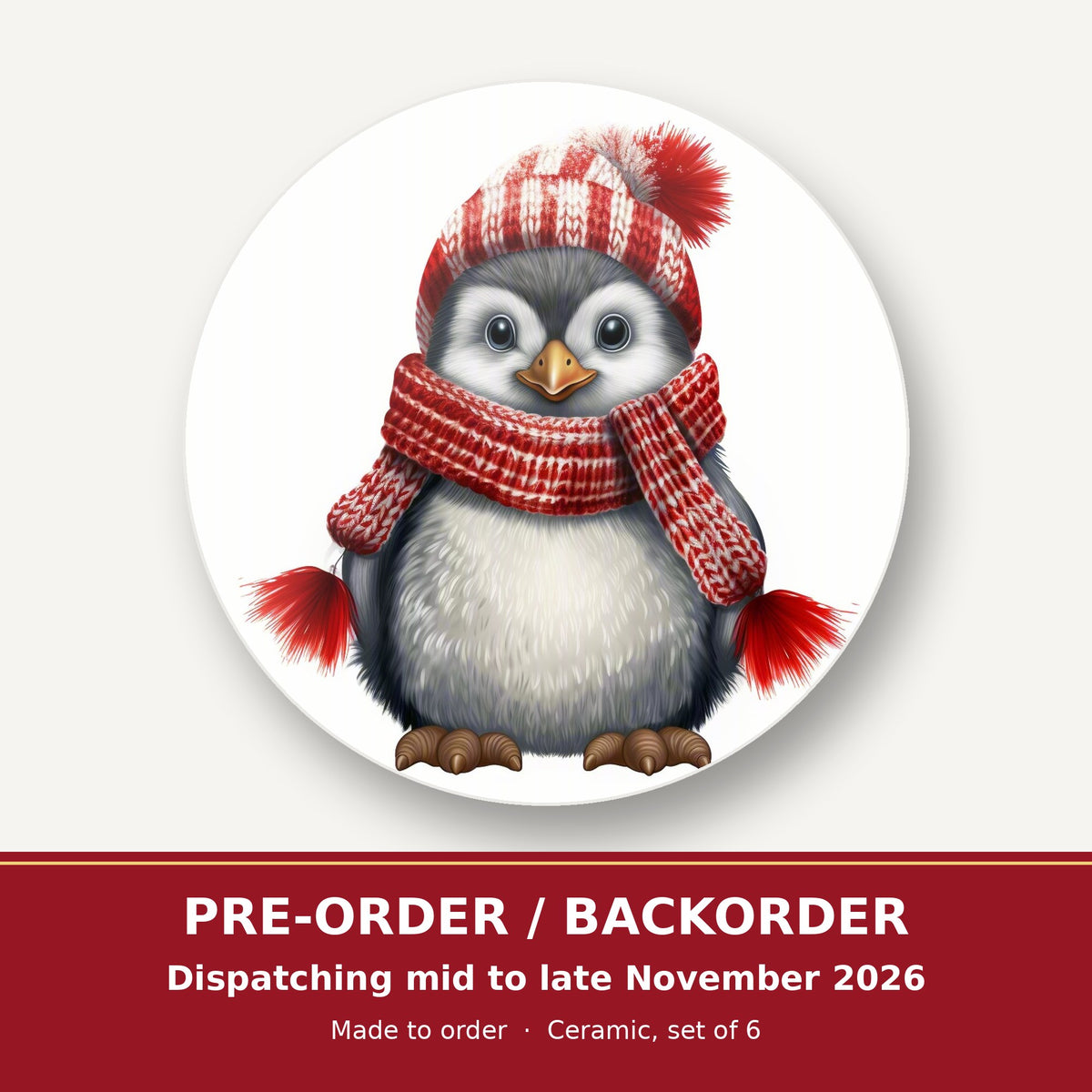 Penguin in a Red Bobble Hat round ceramic coaster set of 6 – pre-order / backorder, dispatching mid to late November 2026