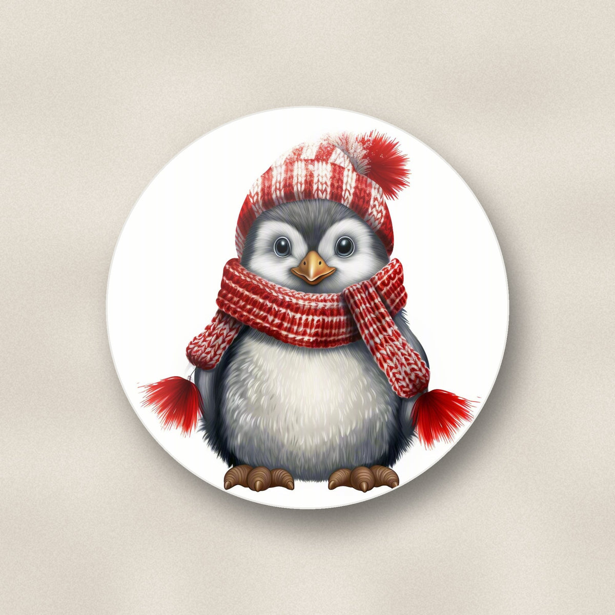 Close-up of one penguin in a red bobble hat round ceramic coaster, flat UV print