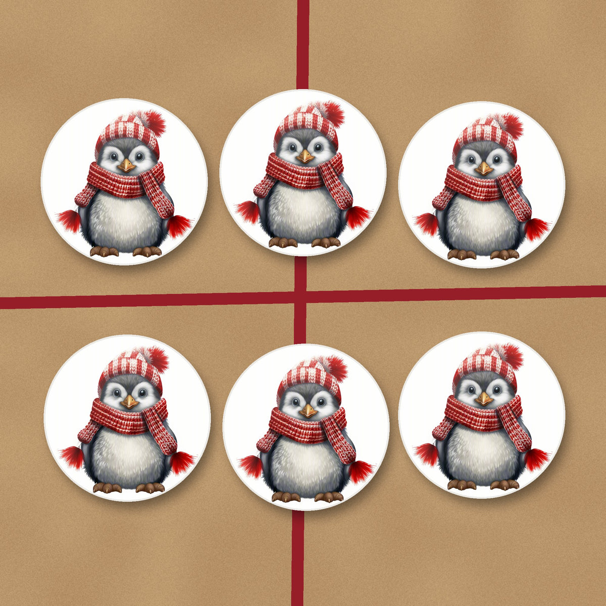 Penguin in a Red Bobble Hat round ceramic coasters on kraft gift wrap