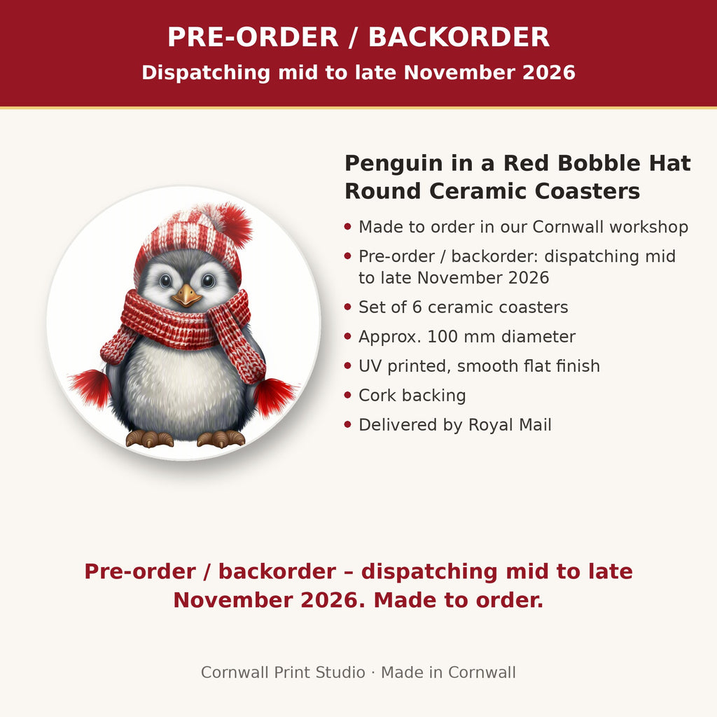 Info card: Penguin in a Red Bobble Hat Round Ceramic Coasters – Set of 6, made to order, dispatching mid to late November 2026, delivered by Royal Mail