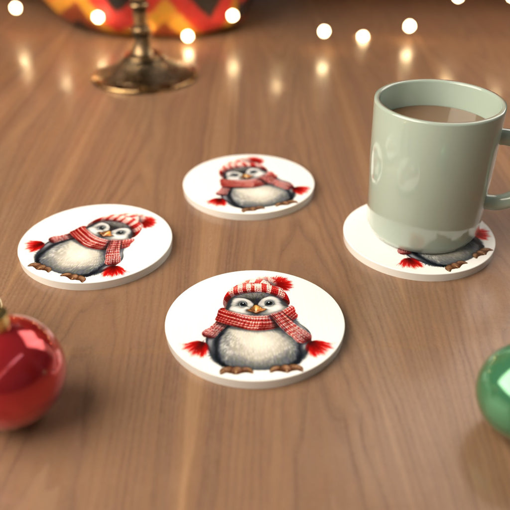 Penguin in a Red Bobble Hat Round Ceramic Coasters – Set of 6 – cosy lifestyle mockup