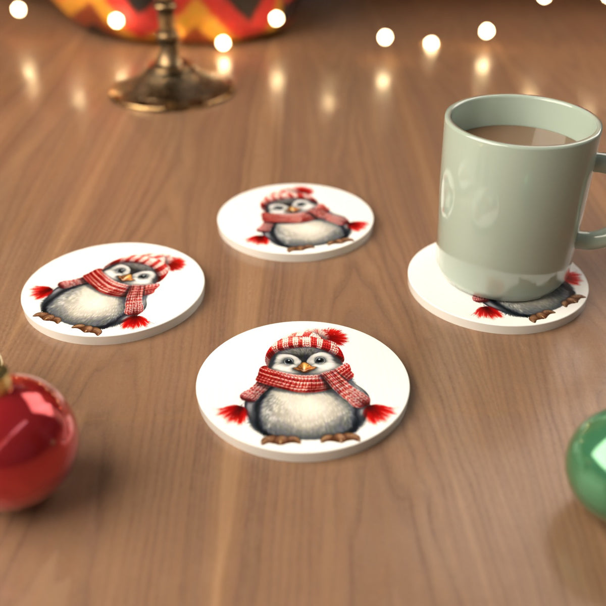 Penguin in a Red Bobble Hat Round Ceramic Coasters – Set of 6 – cosy lifestyle mockup