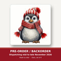 Penguin in a Red Bobble Hat square glass coaster set of 6 – pre-order / backorder, dispatching mid to late November 2026