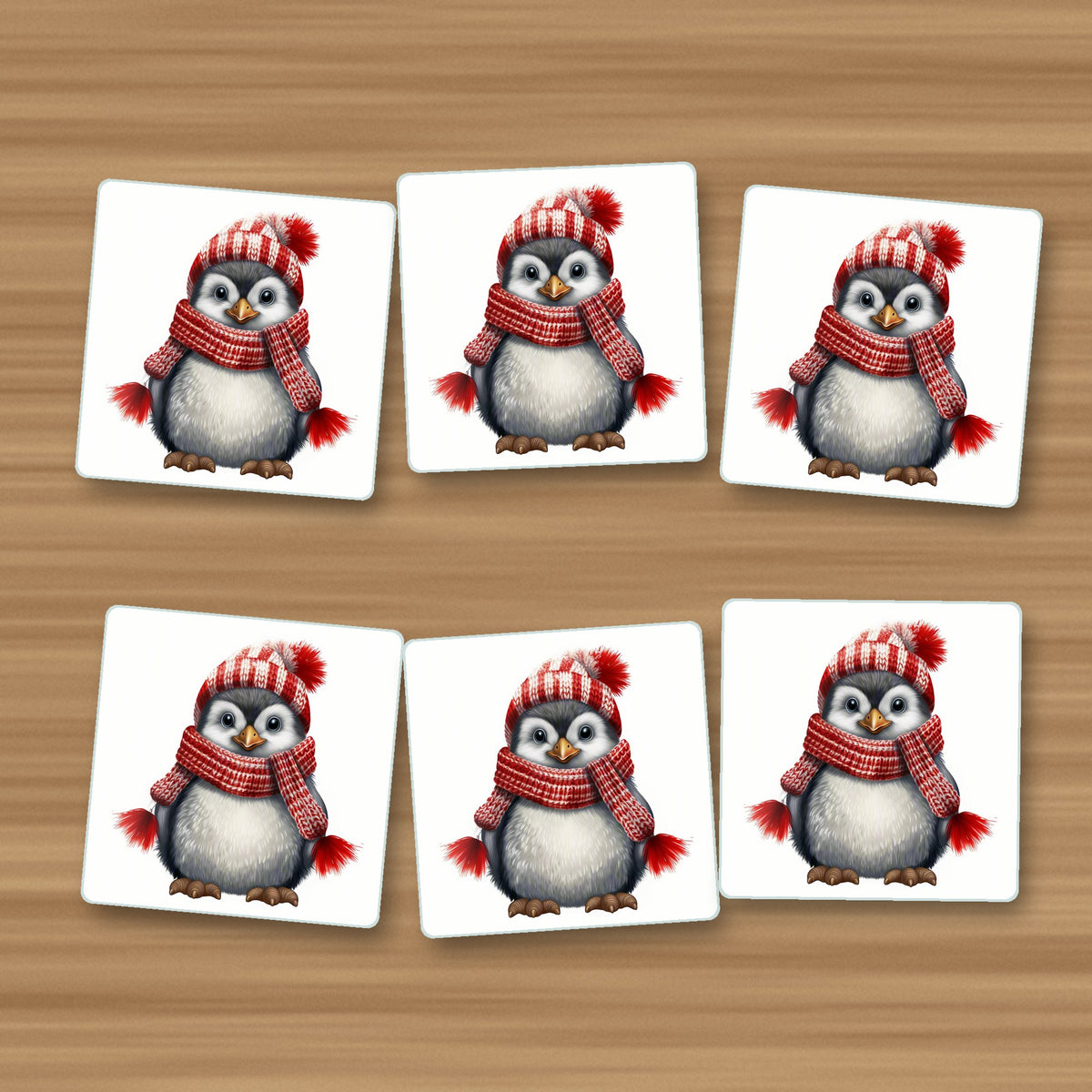 Penguin in a Red Bobble Hat square glass coasters, set of 6, on an oak coffee table