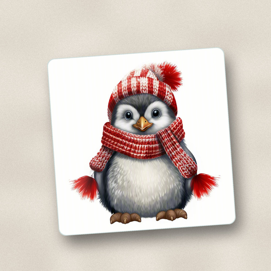 Close-up of one penguin in a red bobble hat square glass coaster, flat UV print