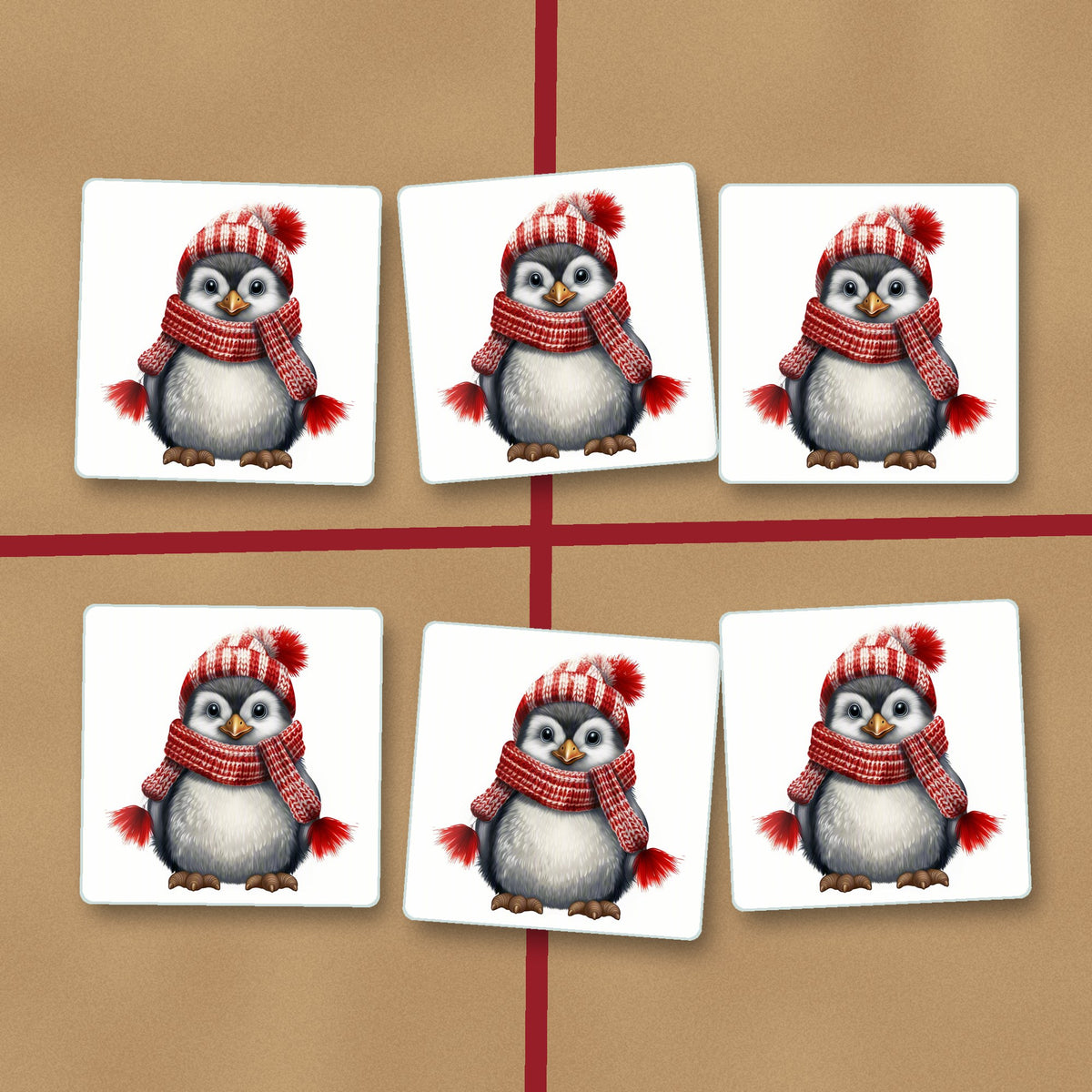 Penguin in a Red Bobble Hat square glass coasters on kraft gift wrap
