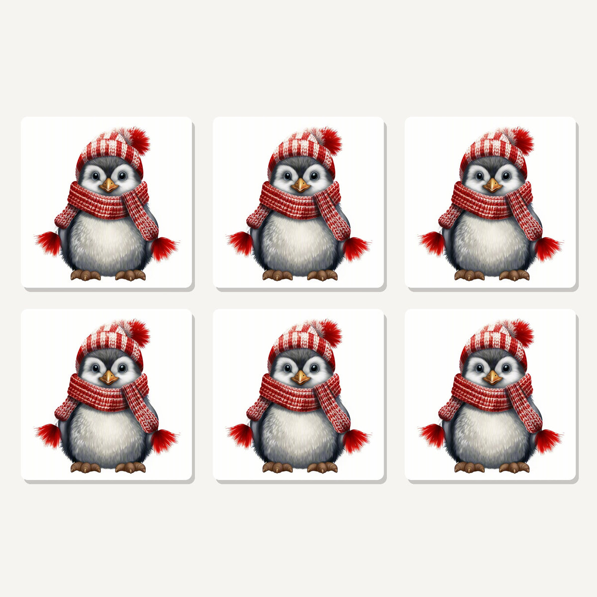 Flat lay of the penguin in a red bobble hat artwork on six square coasters