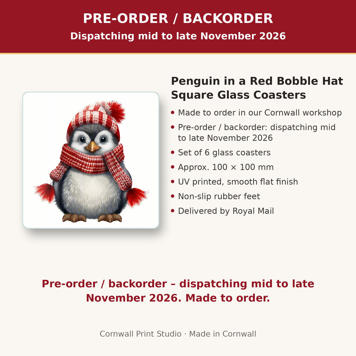 Info card: Penguin in a Red Bobble Hat Square Glass Coasters – Set of 6, made to order, dispatching mid to late November 2026, delivered by Royal Mail