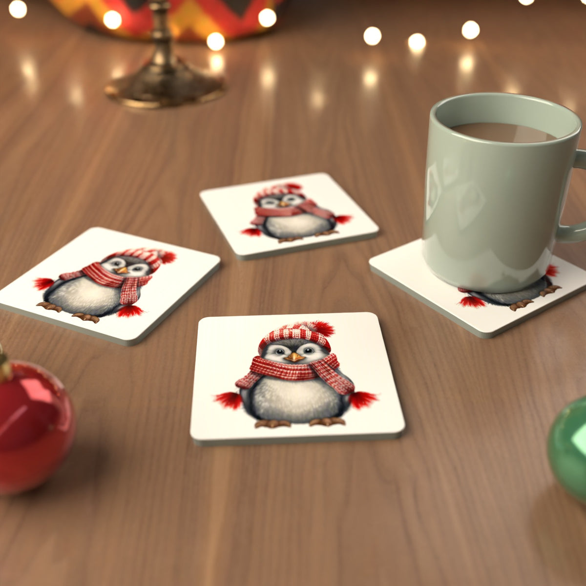 Penguin in a Red Bobble Hat Square Glass Coasters – Set of 6 – cosy lifestyle mockup