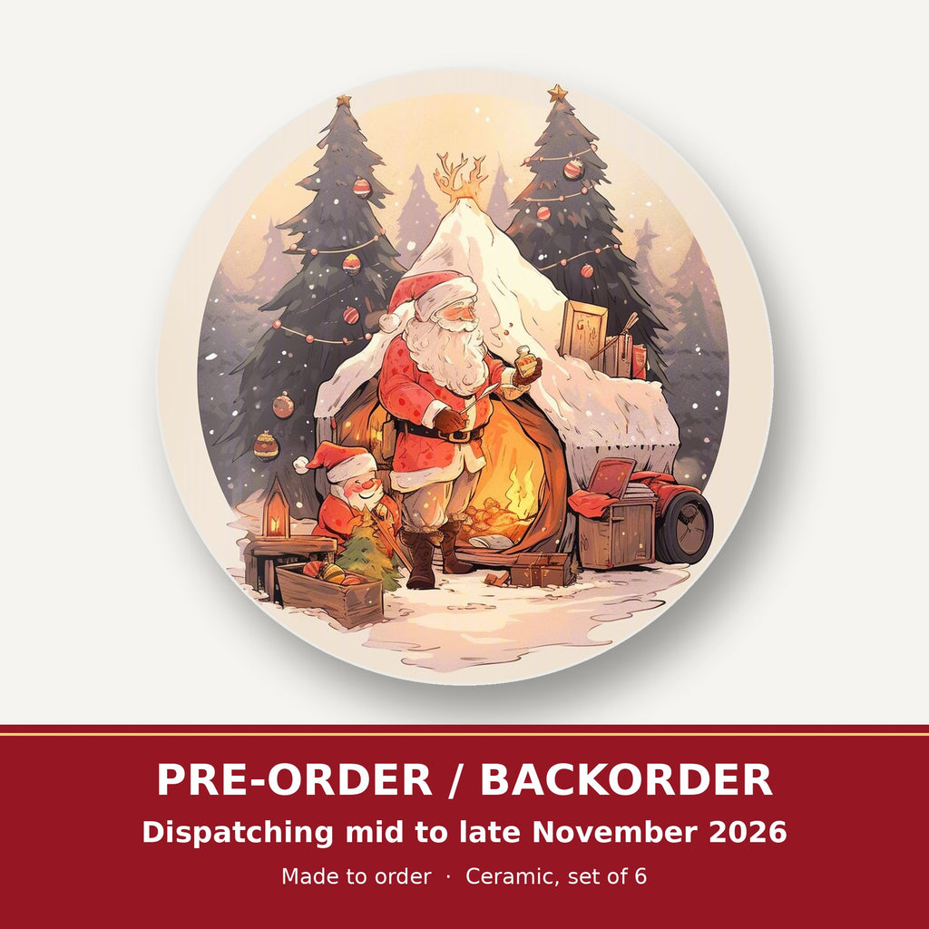 Father Christmas by the Sleigh round ceramic coaster set of 6 – pre-order / backorder, dispatching mid to late November 2026