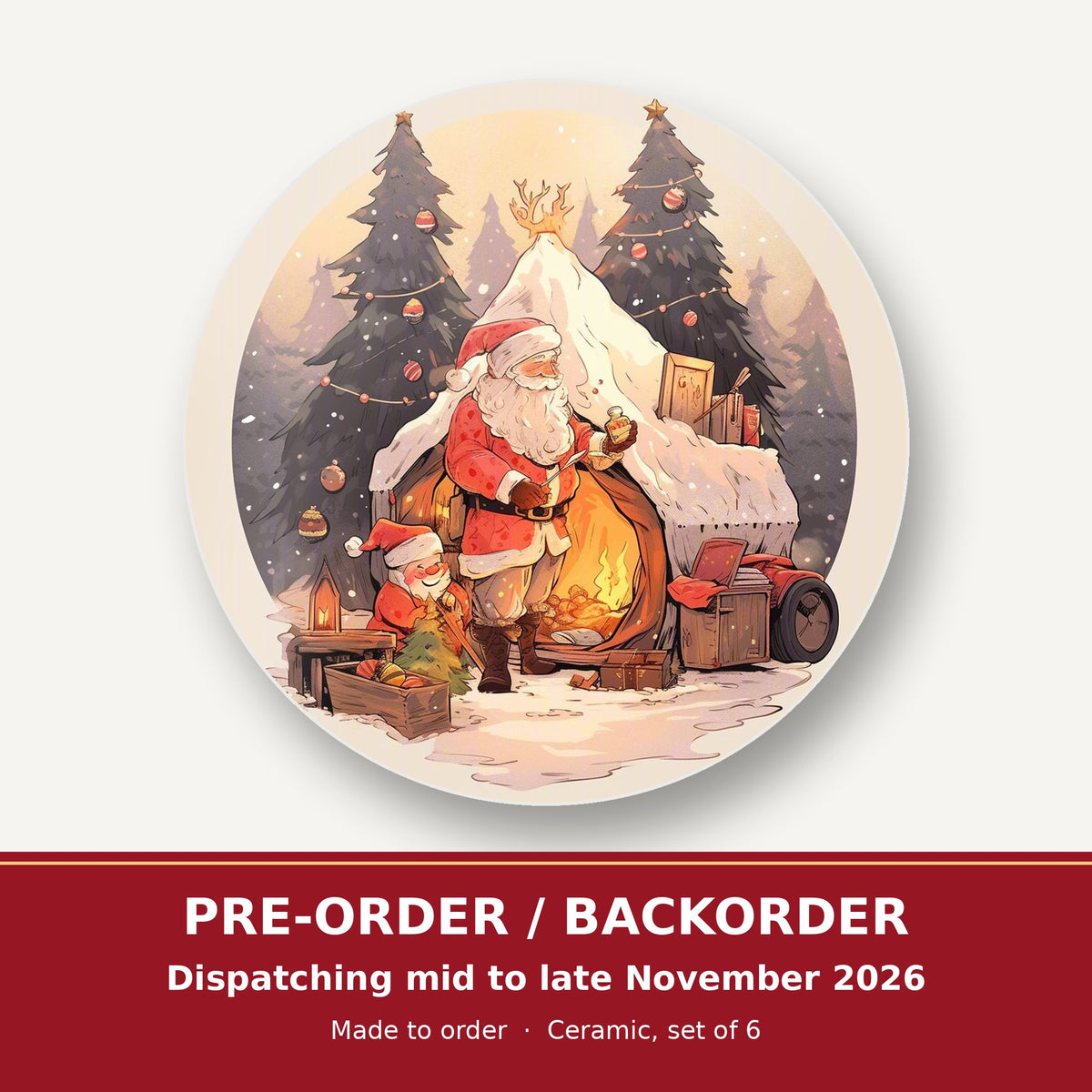 Father Christmas by the Sleigh round ceramic coaster set of 6 – pre-order / backorder, dispatching mid to late November 2026
