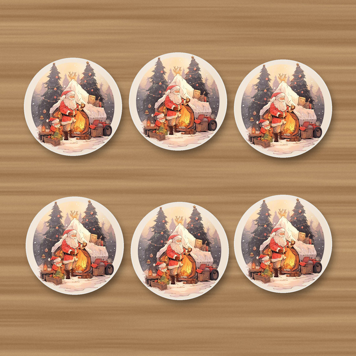 Father Christmas by the Sleigh round ceramic coasters, set of 6, on an oak coffee table