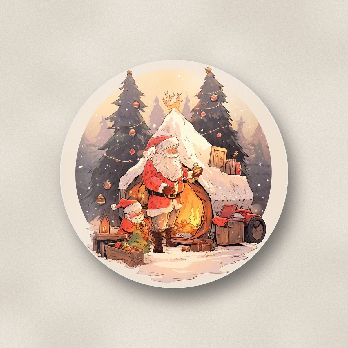 Close-up of one father christmas by the sleigh round ceramic coaster, flat UV print