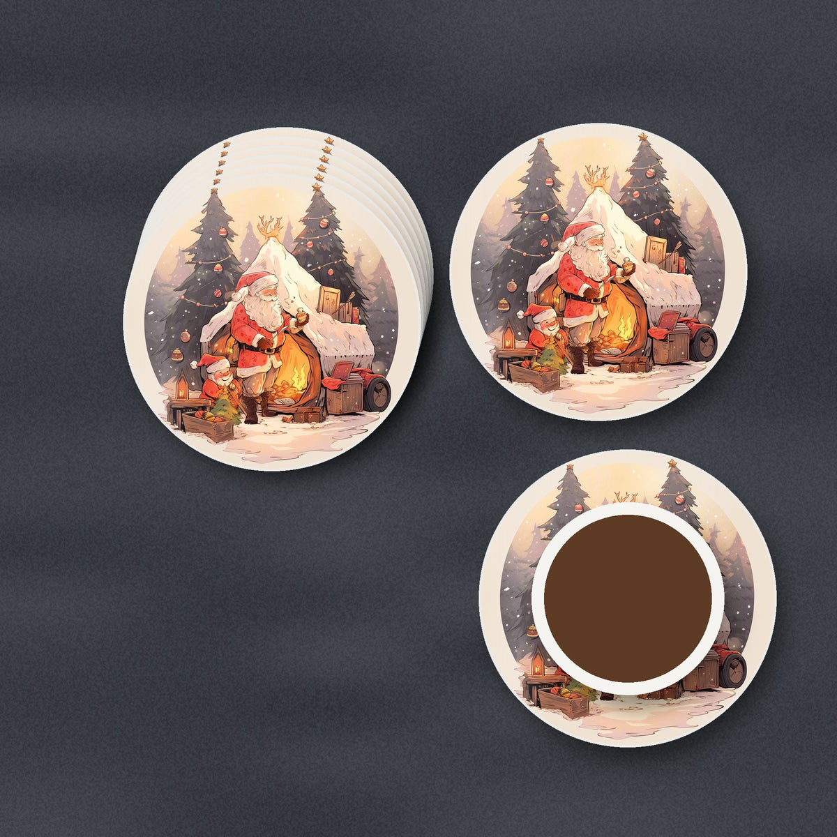Father Christmas by the Sleigh round ceramic coasters stacked on a slate kitchen worktop