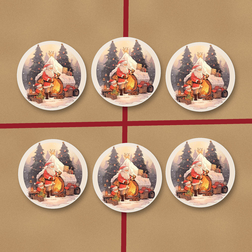 Father Christmas by the Sleigh round ceramic coasters on kraft gift wrap