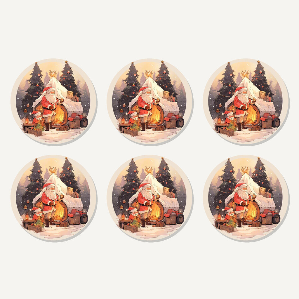 Flat lay of the father christmas by the sleigh artwork on six round coasters